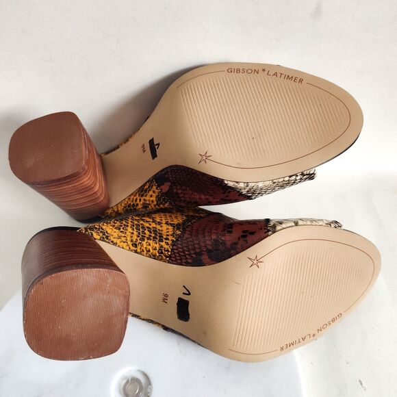 Gibson Latimer Snakeskin Goat Leather Size 9 Open Toe Block Heels Brown Yellow - Picture 10 of 12